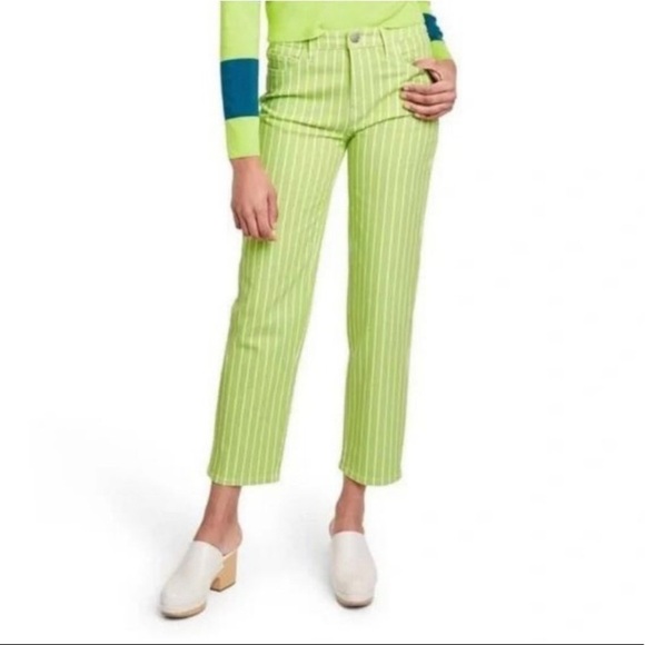 ✅ Victor Glemaud Straight Leg Neon Lime Green White Pinstripe Jeans Size 2 - Picture 1 of 7